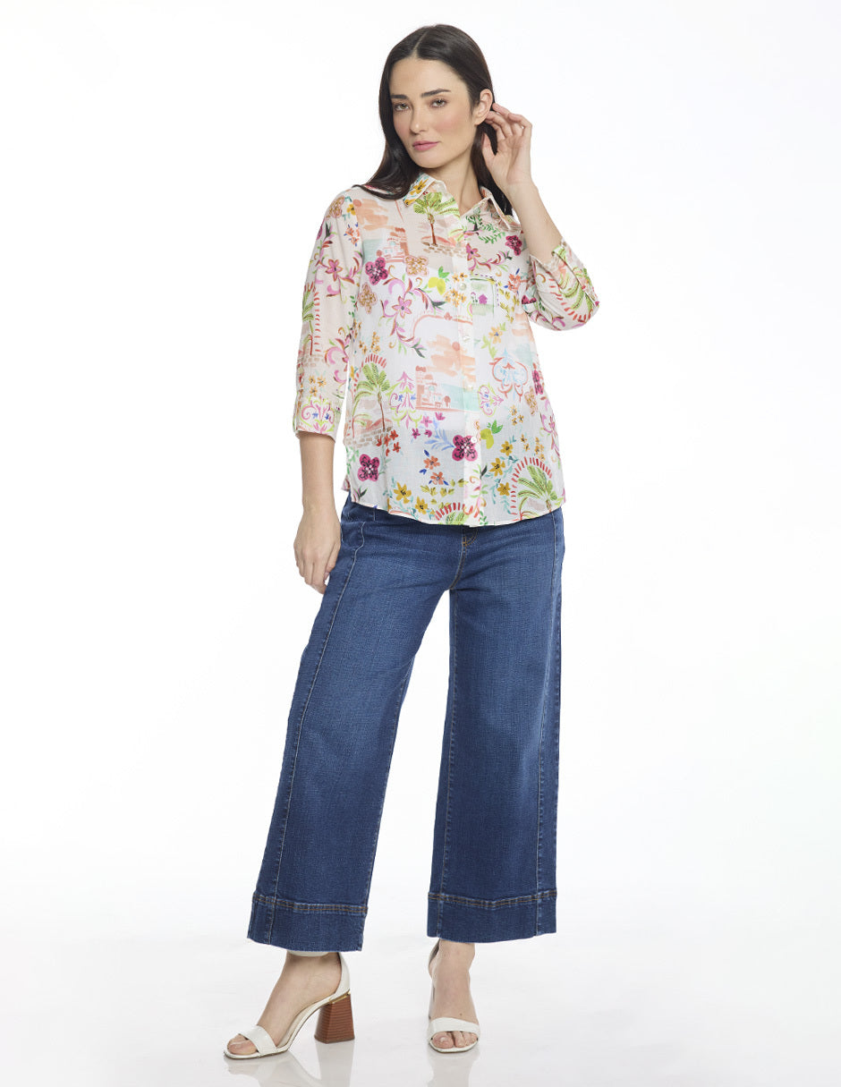 Blusa Hueso Estampada Camisera Esenciales